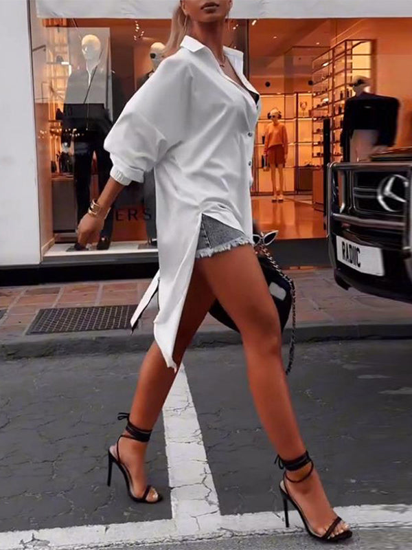 Buttoned Solid Color Zipper High-low Long Sleeves Lapel Blouses&shirts Tops