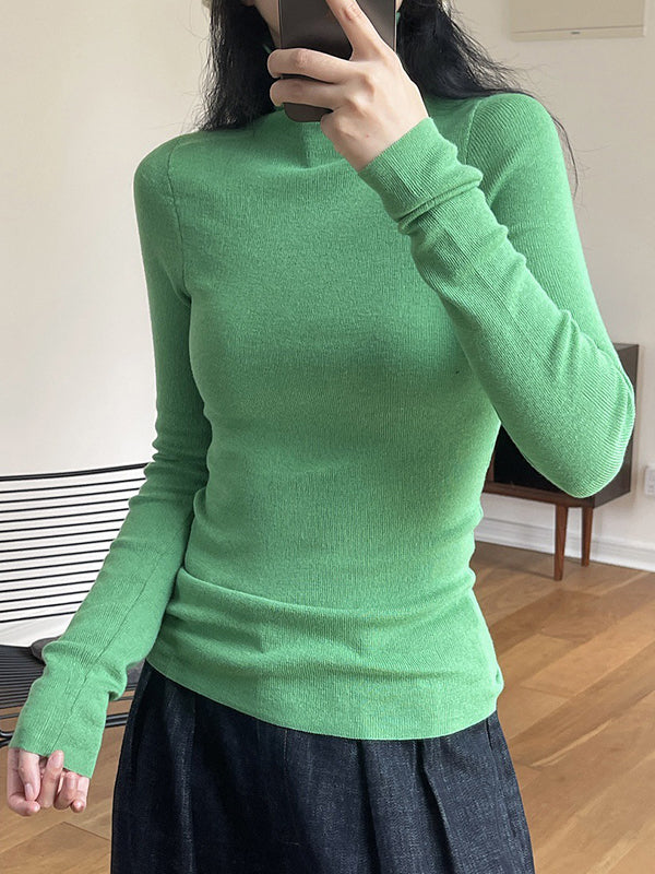 Solid Color Long Sleeves Skinny High-Neck Sweater Tops Pullovers