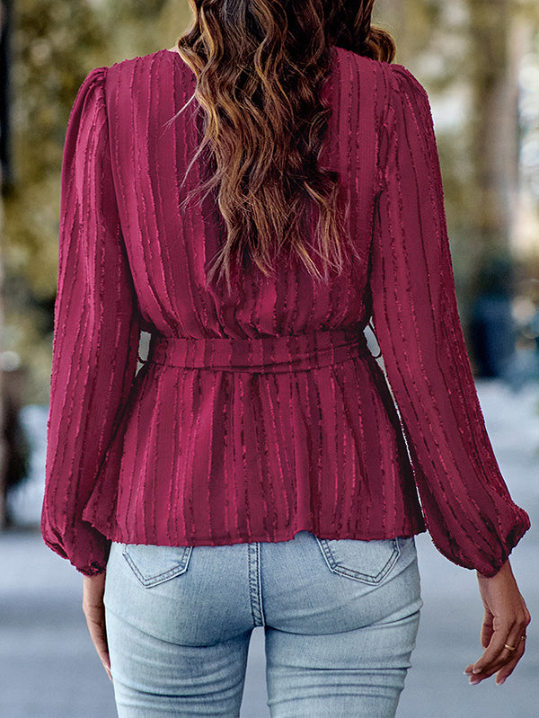 Elasticity Solid Color Tied Waist Long Sleeves Loose V-Neck T-Shirts Tops