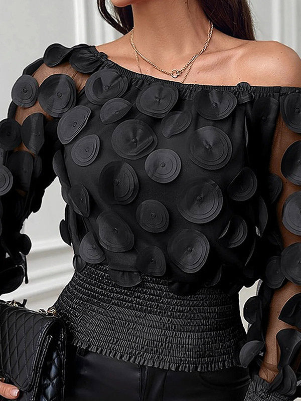Elasticity Gauze See-Through Solid Color Split-Joint Loose Puff Sleeves Round-Neck Blouses