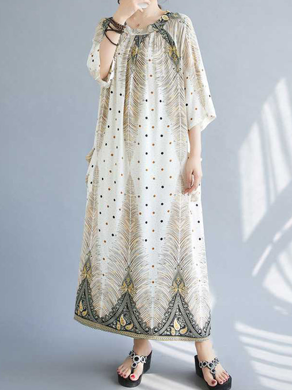 Pleated Pockets Polka-Dot Printed Half Sleeves High Waisted Round-Neck Midi Dresses