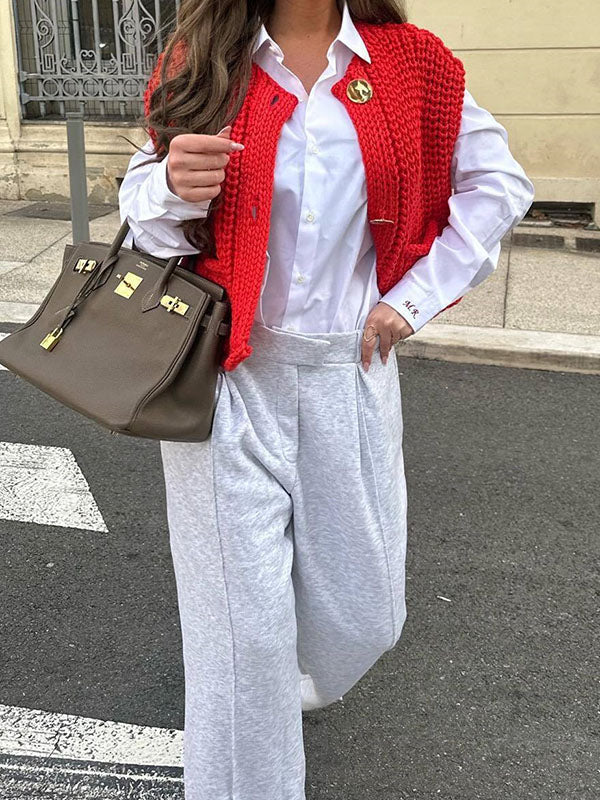 Buttoned Pockets Loose Sleeveless V-Neck Vest Outerwear