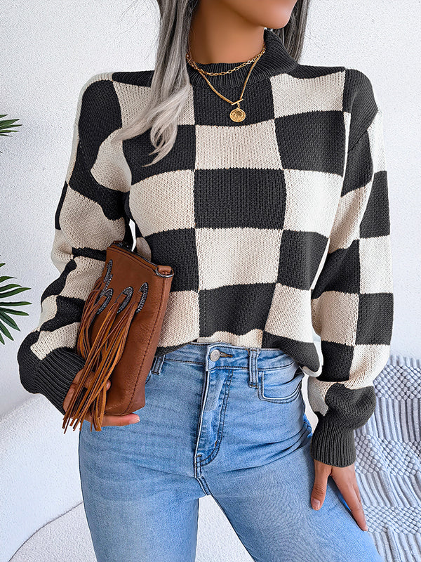 Contrast Color Plaid Long Sleeves Loose Round-Neck Sweater Tops