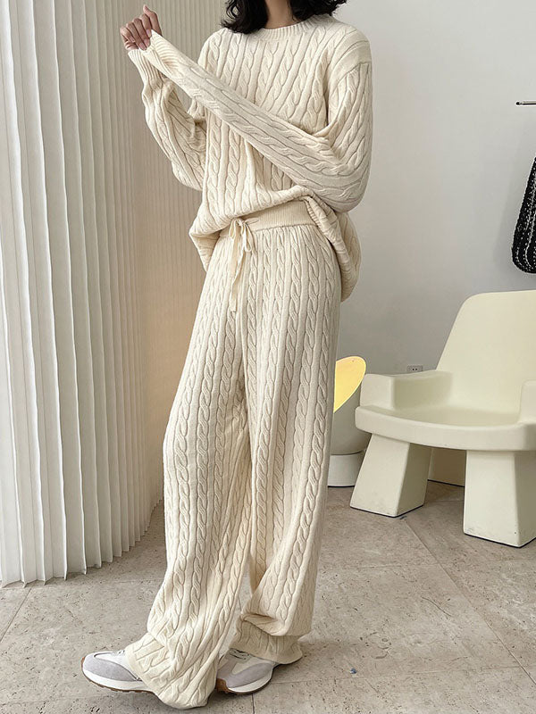 Casual Loose Long Sleeves Jacquard Solid Color Round-Neck Sweater Tops