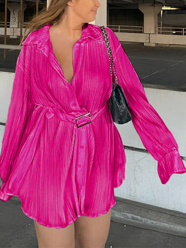 Buttoned Pleated Solid Color Tied Waist Long Sleeves Lapel Shirt Dress Mini Dresses