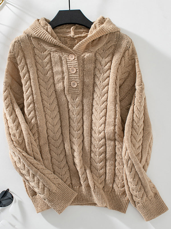 Buttoned Solid Color Split-Joint Hooded Long Sleeves Sweater Tops