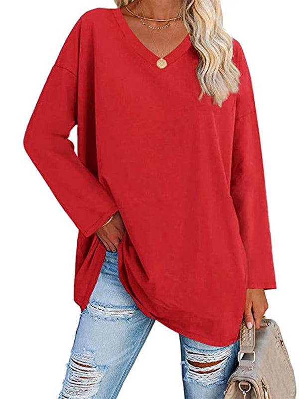 See-Through Solid Color Split-Joint Long Sleeves Loose V-neck T-shirts