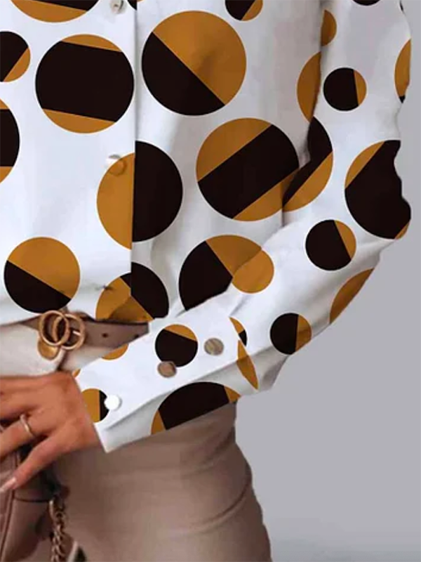 Long Sleeves Loose Buttoned Contrast Color Polka-Dot Lapel Blouses&Shirts Tops