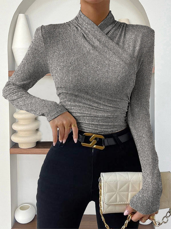 Pleated Solid Color Long Sleeves Skinny Mock Neck T-Shirts Tops