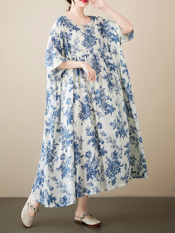 Floral Printed Pleated Split-Joint Loose Short Sleeves Round-Neck Midi Dresses