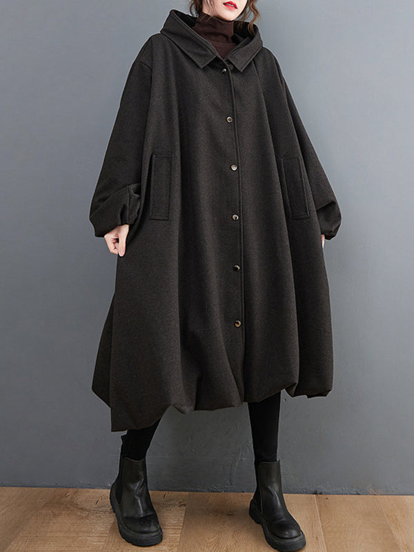 Buttoned Pockets Solid Color High-Low Long Sleeves Hooded Woolen Coat