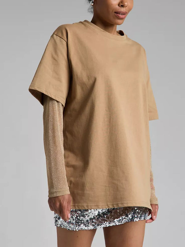 See-Through Split-Joint Sun Protection False Two Loose Round-Neck T-Shirts