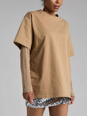 See-Through Split-Joint Sun Protection False Two Loose Round-Neck T-Shirts