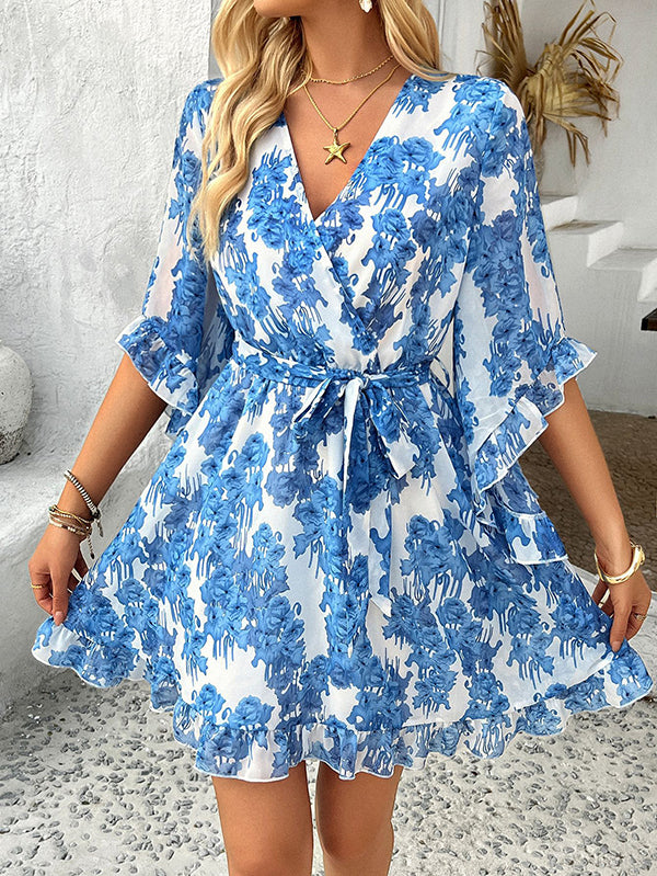 Flower Print Ruffle Trim Split-Joint Tied Waist Flared Sleeves Half Sleeves V-Neck Mini Dresses