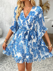 Flower Print Ruffle Trim Split-Joint Tied Waist Flared Sleeves Half Sleeves V-Neck Mini Dresses