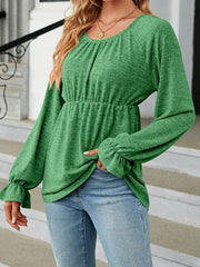 Elasticity Falbala Solid Color Long Sleeves Loose Round-Neck T-Shirts