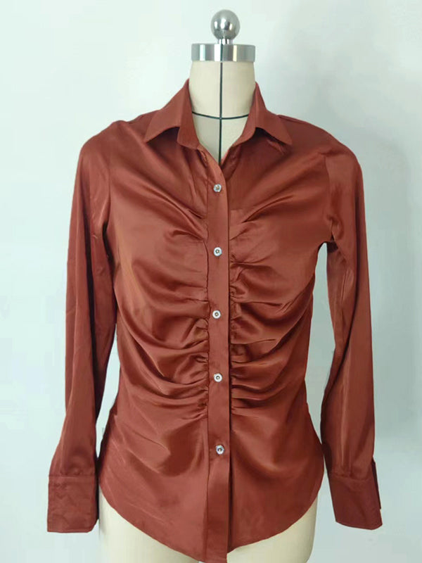 Pleated Solid Color Long Sleeves Lapel Blouses&shirts Tops