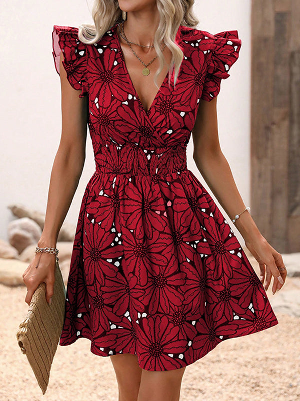 Elasticity Flower Print A-Line Loose V-Neck Mini Dresses