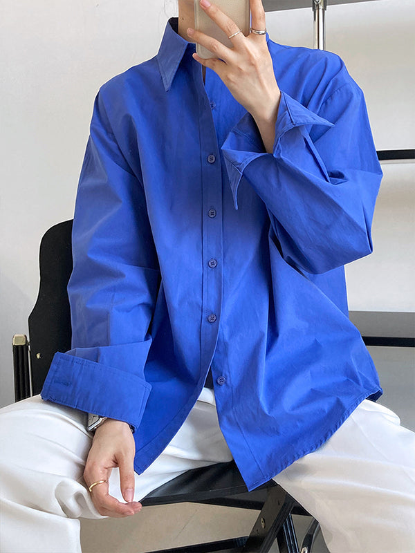 Simple Loose Long Sleeves Buttoned Solid Color Lapel Collar Blouses&Shirts Tops