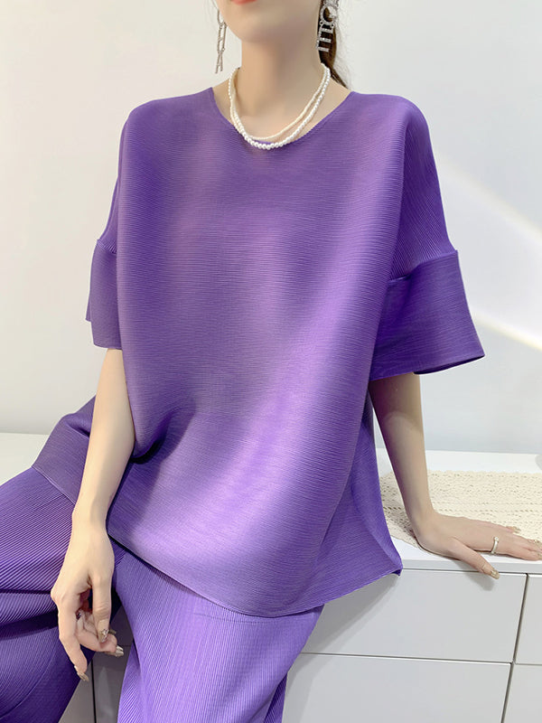 Elastics Pleated Solid Color Short Sleeves Wide Leg Round-neck Two Pieces Set