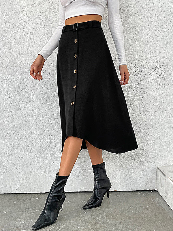Buckle Buttoned Solid Color A-line High Waisted Skirts Bottoms