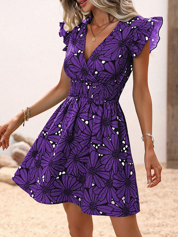 Elasticity Flower Print A-Line Loose V-Neck Mini Dresses