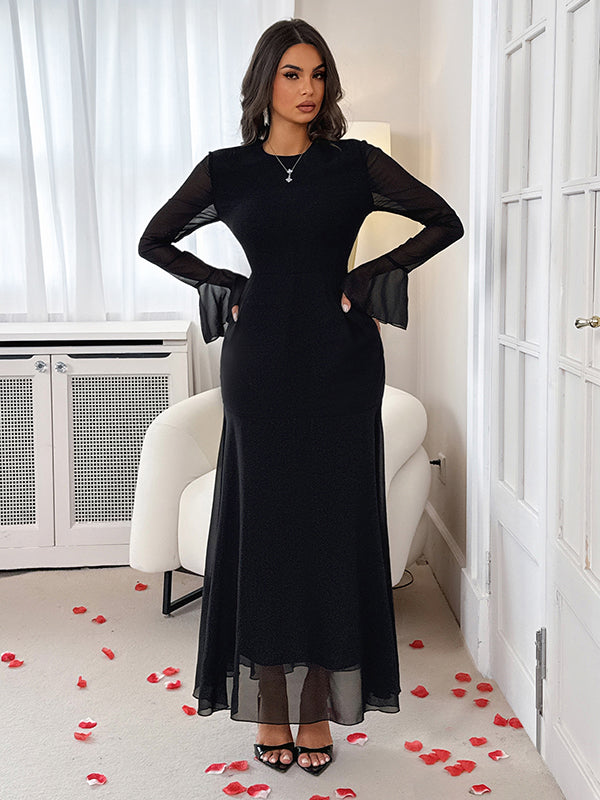 See-Through Solid Color Split-Joint Elasticated Waist Flared Sleeves Round-Neck Maxi Dresses