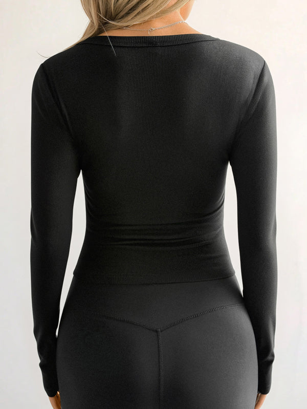 Solid Color Long Sleeves Skinny V-Neck T-Shirts Tops