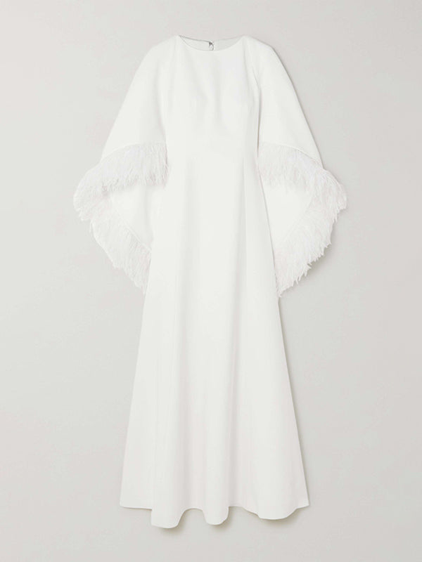 Cape Mermaid Feathers Solid Color Zipper Round-Neck Cape Maxi Dresses