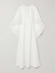 Cape Mermaid Feathers Solid Color Zipper Round-Neck Cape Maxi Dresses