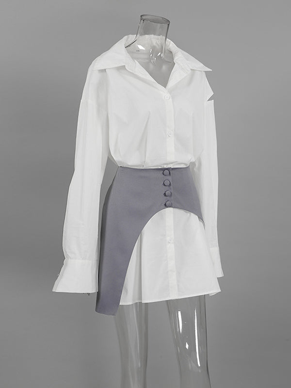 Buttoned Hollow Waistband High Waisted Long Sleeves Lapel Blouses&Shirts Tops