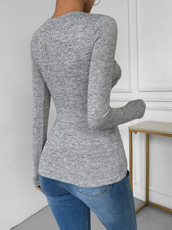 Knot Solid Color Long Sleeves Skinny Round-Neck T-Shirts Tops