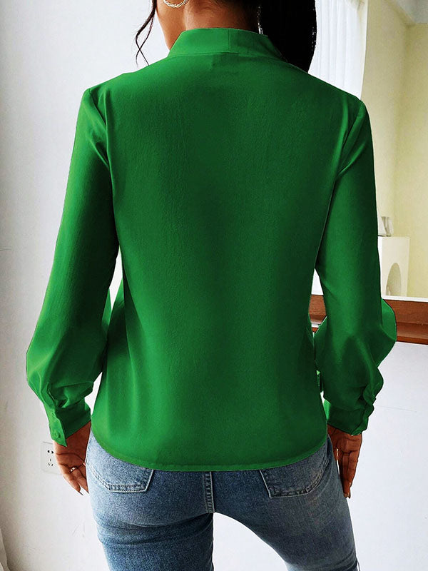 Pleated Solid Color Split-Joint Long Sleeves Loose V-Neck Blouses&Shirts Tops
