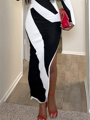 Contrast Color Printed Split-side Long Sleeves Skinny High Neck Maxi Dresses