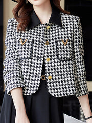 Buttoned Houndstooth Pockets Split-Joint Long Sleeves Plus Size Lapel Outerwear