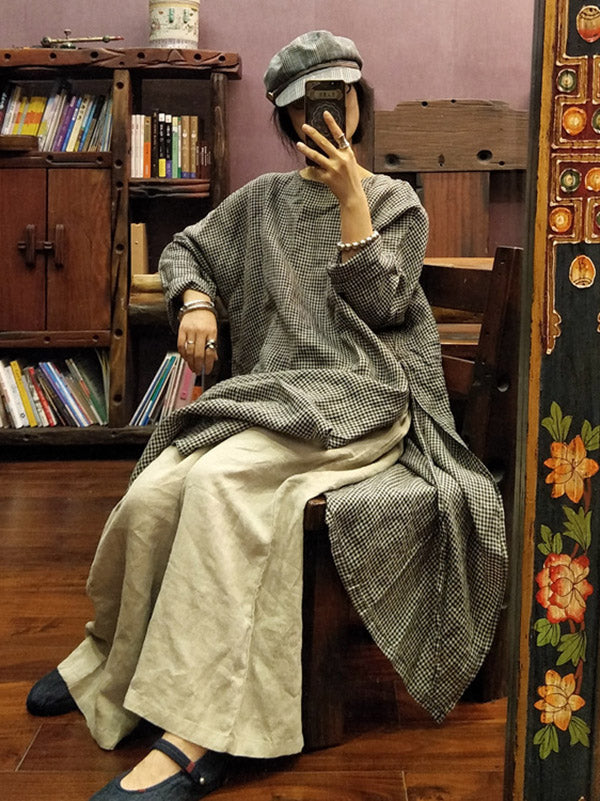 Loose Vintage Washable Plaid Split-Side Dress