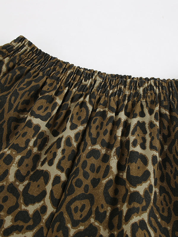 Elasticity Leopard Pockets Split-Joint Zipper High Waisted Loose Shorts Bottoms