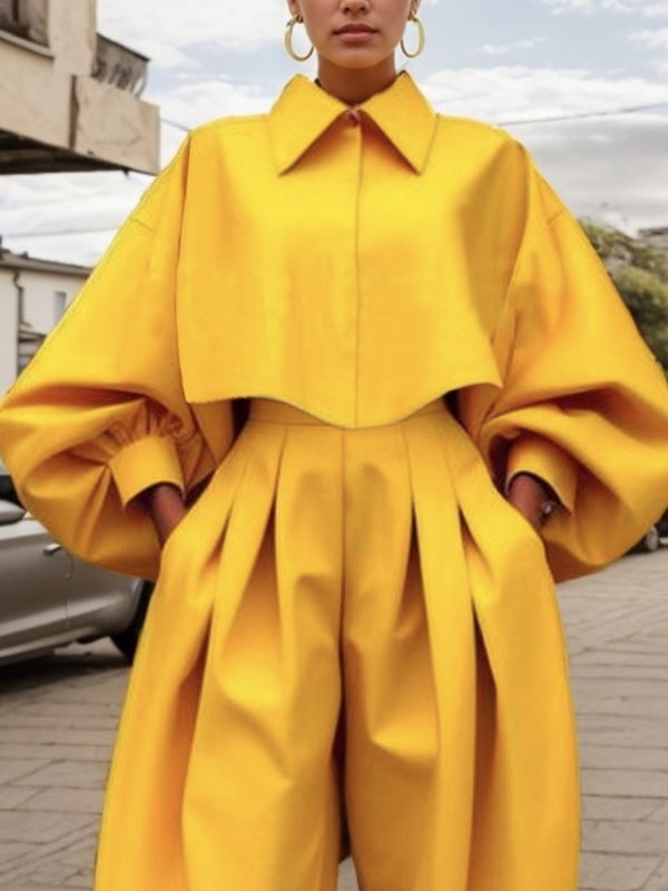 Buttoned Pleated Solid Color Long Sleeves Loose Lapel Blouses&Shirts Tops