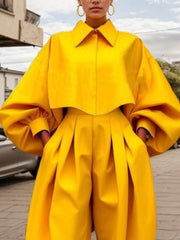 Buttoned Pleated Solid Color Long Sleeves Loose Lapel Blouses&Shirts Tops