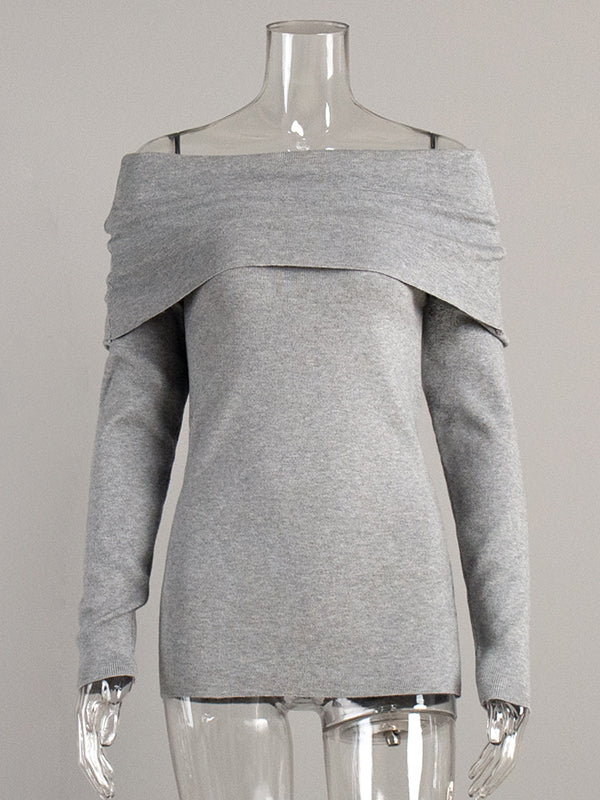 Solid Color Long Sleeves Loose Off-The-Shoulder Sweater Tops Pullovers