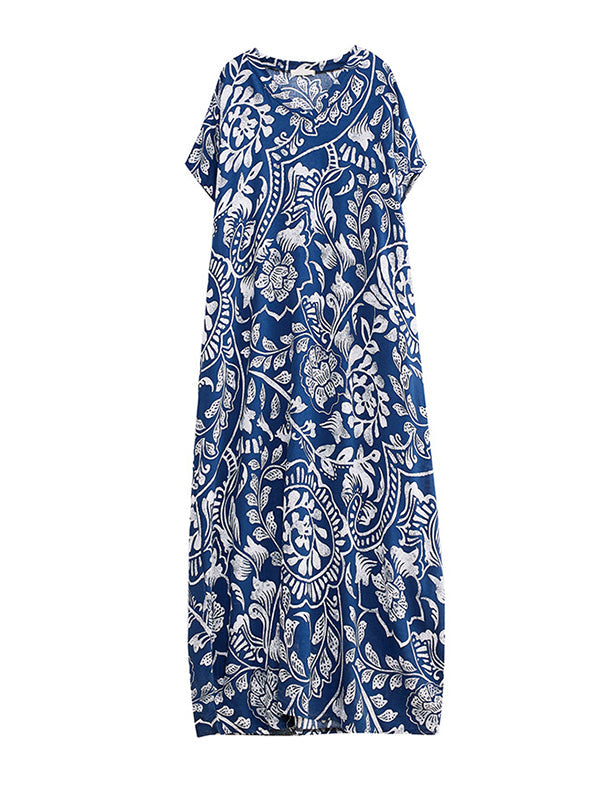 Floral Printed Loose Short Sleeves V-neck Maxi Dresses