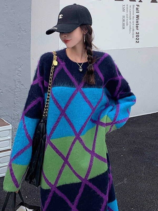 Contrast Color Plaid Split-Joint Long Sleeves Loose Round-Neck Sweater Dresses Midi Dresses