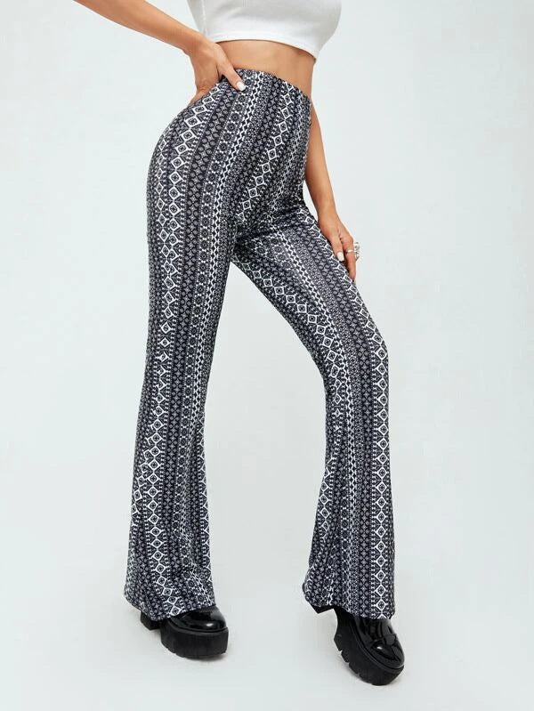Elasticity Printed Split-Joint High Waisted Skinny Pants Flared Trousers
