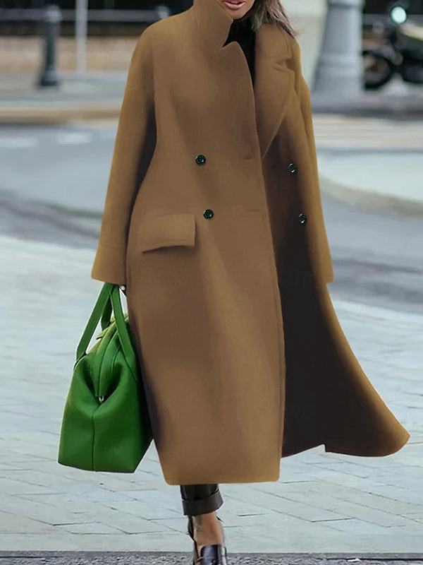 Buttoned Pockets Solid Color Split-Joint Long Sleeves Loose Stand Collar Woolen Coat