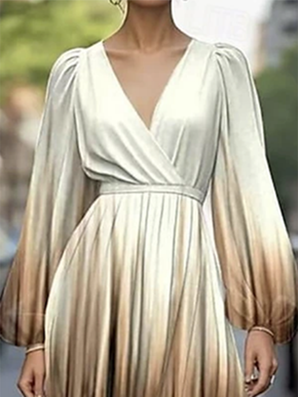 Gradient Pleated Split-Joint Loose Puff Sleeves V-neck Midi Dresses Evening Dresses