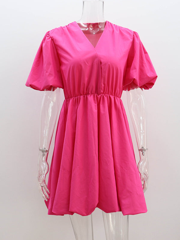 Pleated Solid Color Split-Joint Loose Puff Sleeves V-Neck Mini Dresses