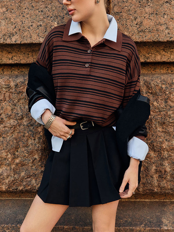 Split-Joint Striped Long Sleeves Lapel Sweater Tops