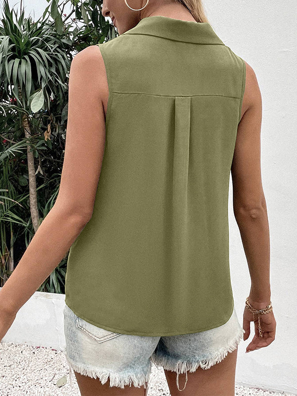 Buttoned Solid Color Split-Joint Loose Sleeveless V-neck Vest Top