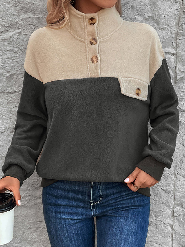 Buttoned Contrast Color Split-Joint Velvet Long Sleeves Loose Stand Collar Sweatshirt Tops
