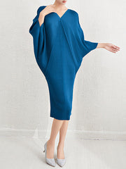 Pleated Solid Color Batwing Sleeves Loose V-Neck Midi Dresses